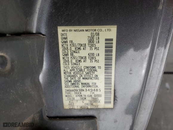 2008 Nissan Titan XE with VIN 1N6AA06C88N349485, listed as a Copart auction lot 73369104 with 144,373 mi miles and Clean Title. Bid and sale history available at carsss.com. Image 14.