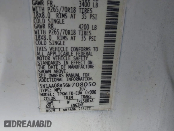 2006 Nissan Armada LE с VIN 5N1AA08B56N708050, выставлен на аукционе IAAI как лот 42413669 с пробегом 253 351 миль миль и . История ставок и продаж доступна на DreamBid. Изображение 9.
