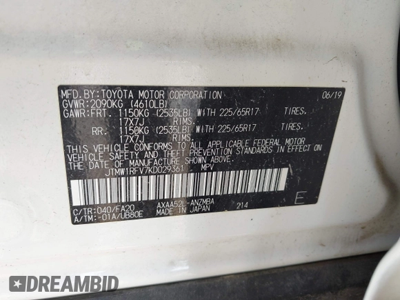 2019 Toyota RAV4 XLE with VIN JTMW1RFV7KD029361, listed as a IAAI auction lot 42087467 with 45,961 mi miles and . Bid and sale history available at DreamBid. Image 9.