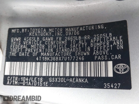 2007 Toyota Avalon XL z VIN 4T1BK36BX7U177246, wystawiony jako IAAI lot #42264311 z przebiegiem 183 324 mil mil oraz . Historia ofert i sprzedaży dostępna na DreamBid. Obrazek 9.