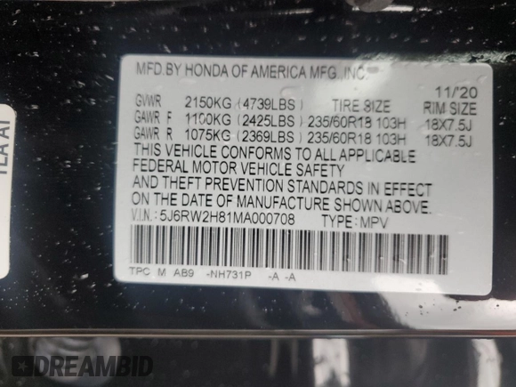 2021 Honda CR-V EX-L with VIN 5J6RW2H81MA000708, listed as a Copart auction lot 55625265 with 30,505 mi miles and Salvage Title. Bid and sale history available at DreamBid. Image 13.