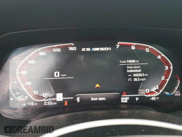 2020 BMW X5 M50i with VIN 5UXJU4C07LLE46002, listed as a Copart auction lot 77853984 with 74,098 mi miles and Salvage Title. Bid and sale history available at DreamBid. Image 9.