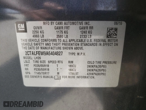 2010 GMC Terrain SLT-1 with VIN 2CTALFEW9A6404827, listed as a Copart auction lot 55200205 with 176,983 mi miles and Salvage title. Bid and sale history available at DreamBid. Image 13.