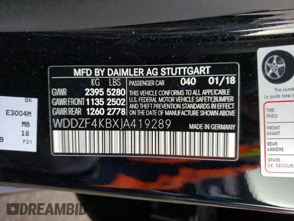 2018 Mercedes-Benz E-Class E 300 with VIN WDDZF4KBXJA419289, listed as a Copart auction lot 36513663 with Not Provided miles. Bid and sale history available at carsss.com. Image 12.
