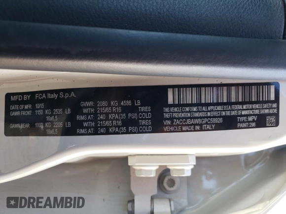 2016 Jeep Renegade Sport with VIN ZACCJBAW8GPC58926, listed as a Copart auction lot 83981934 with 62,818 mi miles and Non Repairable. Bid and sale history available at DreamBid. Image 14.