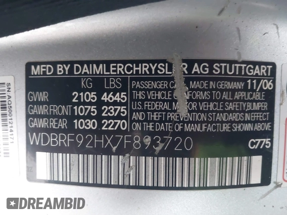 2007 Mercedes-Benz C 280 Luxury with VIN WDBRF92HX7F893720, listed as a IAAI auction lot 41955610 with 156,510 mi miles and . Bid and sale history available at DreamBid. Image 9.