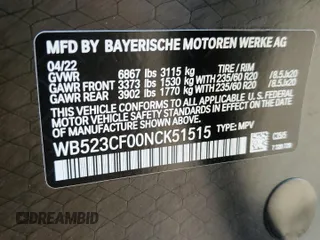 2022 BMW iX xDrive50 with VIN WB523CF00NCK51515, listed as a Copart auction lot 62870593 with 3,239 mi miles. Bid and sale history available at carsss.com. Image 12.