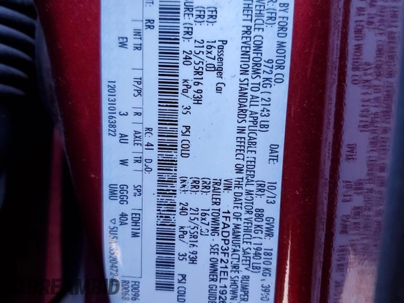 2014 Ford Focus SE with VIN 1FADP3F21EL192628, listed as a Copart auction lot 41681835 with 103,231 mi miles and Salvage Title. Bid and sale history available at DreamBid. Image 14.