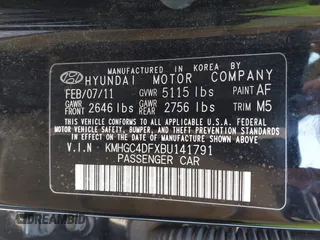 2011 Hyundai Genesis with VIN KMHGC4DFXBU141791, listed as a IAAI auction lot 41903276 with 215,161 mi miles and . Bid and sale history available at DreamBid. Image 9.