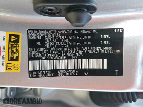 2018 Toyota Highlander LE with VIN 5TDBZRFH0JS809397, listed as a Copart auction lot 61502315 with 131,864 mi miles and Salvage title. Bid and sale history available at DreamBid. Image 14.