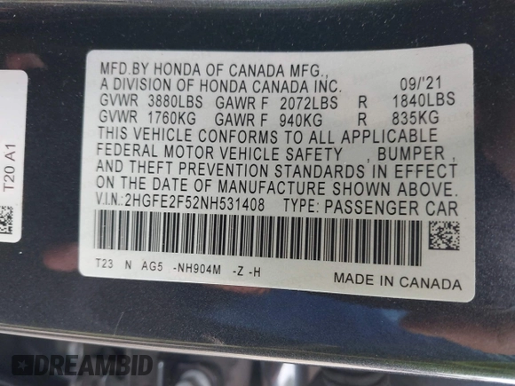 2022 Honda Civic Sport with VIN 2HGFE2F52NH531408, listed as a IAAI auction lot 41975592 with 28,198 mi miles. Bid and sale history available at carsss.com. Image 9.