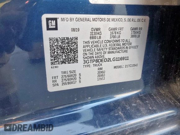 2020 GMC Sierra 1500 SLT with VIN 3GTP8DED2LG116911, listed as a Copart auction lot 56032345 with 54,770 mi miles and Clean title. Bid and sale history available at DreamBid. Image 12.