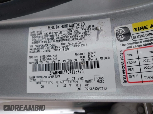 2012 Ford Fusion SE with VIN 3FAHP0HA7CR125728, listed as a IAAI auction lot 42462824 with 218,404 mi miles and . Bid and sale history available at DreamBid. Image 9.