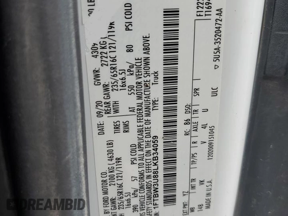 2020 Ford Transit Cargo with VIN 1FTBW3U88LKB34059, listed as a Copart auction lot 57055695 with 77,813 mi miles and Clean title. Bid and sale history available at DreamBid. Image 13.