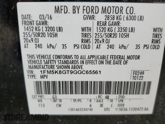 2016 Ford Explorer Sport with VIN 1FM5K8GT9GGC65561, listed as a Copart auction lot 47173015 with 157,418 mi miles and Clean Title. Bid and sale history available at DreamBid. Image 14.