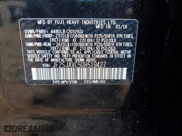 2016 Subaru Forester Touring с VIN JF2SJAVC5GH519427, выставлен на аукционе Copart как лот 60341555 с пробегом 58 534 миль миль и Списание • Salvage title. История ставок и продаж доступна на DreamBid. Изображение 13.