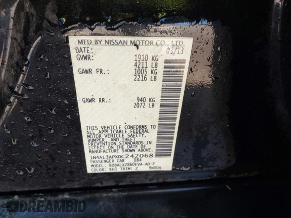 2013 Nissan Altima SL with VIN 1N4AL3APXDC242068, listed as a IAAI auction lot 42029009 with 156,427 mi miles and . Bid and sale history available at DreamBid. Image 9.