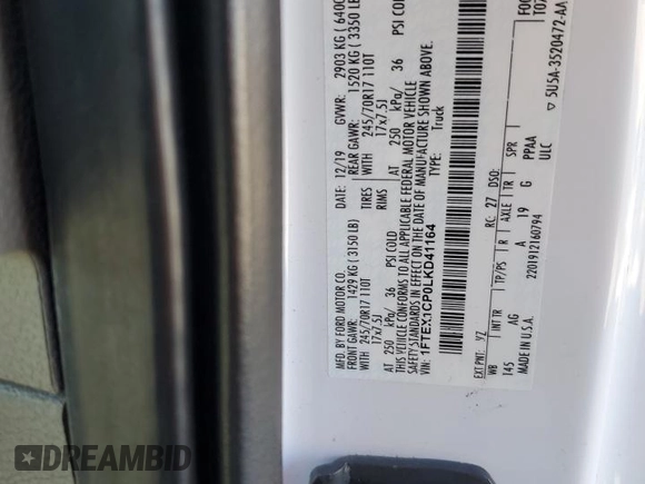 2020 Ford F-150 XL with VIN 1FTEX1CP0LKD41164, listed as a Copart auction lot 85429884 with 161,444 mi miles and Salvage Title. Bid and sale history available at DreamBid. Image 12.