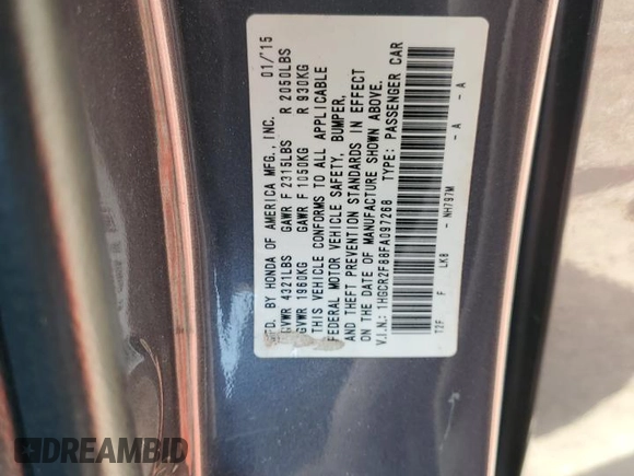2015 Honda Accord EX-L с VIN 1HGCR2F88FA097268, выставлен на аукционе Copart как лот 55298235 с пробегом 57 644 миль миль и Списание • Salvage title. История ставок и продаж доступна на DreamBid. Изображение 12.