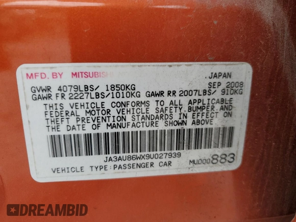 2009 Mitsubishi Lancer GTS with VIN JA3AU86WX9U027939, listed as a Copart auction lot 53817935 with 182,322 mi miles and Clean Title. Bid and sale history available at DreamBid. Image 13.