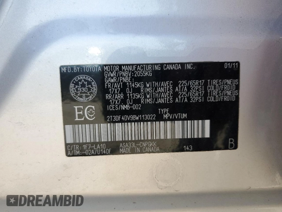 2011 Toyota RAV4 Limited с VIN 2T3DF4DV9BW113022, выставлен на аукционе Copart как лот 62069295 с пробегом 194 601 миль миль и Чистый • Clean title. История ставок и продаж доступна на DreamBid. Изображение 13.