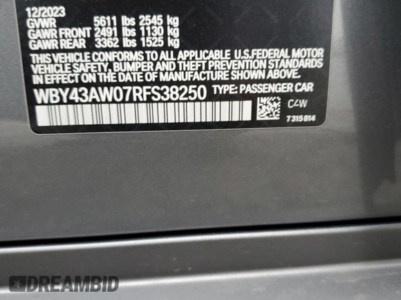 2024 BMW i4 eDrive35 z VIN WBY43AW07RFS38250, wystawiony jako Copart lot #44953225 z przebiegiem 11 567 mil mil oraz Szkoda całkowita • Salvage title. Historia ofert i sprzedaży dostępna na DreamBid. Obrazek 14.