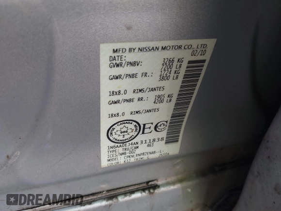 2010 Nissan Titan XE with VIN 1N6AA0EJ4AN311838, listed as a IAAI auction lot 41789366 with 208,900 mi miles. Bid and sale history available at carsss.com. Image 9.