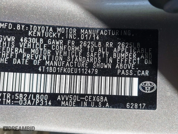 2014 Toyota Camry Hybrid LE with VIN 4T1BD1FK0EU112479, listed as a IAAI auction lot 41901348 with 91,440 mi miles. Bid and sale history available at carsss.com. Image 9.