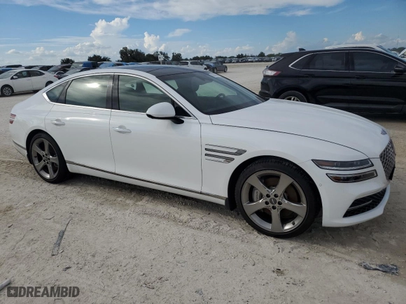2021 Genesis G80 3.5T Prestige with VIN KMTGC4SD2MU048418, listed as a Copart auction lot 73874014 with 0 mi miles and Salvage Title. Bid and sale history available at carsss.com. Image 4.