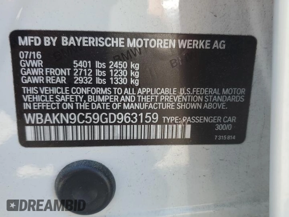 2016 BMW 5 Series 550i with VIN WBAKN9C59GD963159, listed as a Copart auction lot 50718175 with 113,715 mi miles and Salvage title. Bid and sale history available at DreamBid. Image 12.