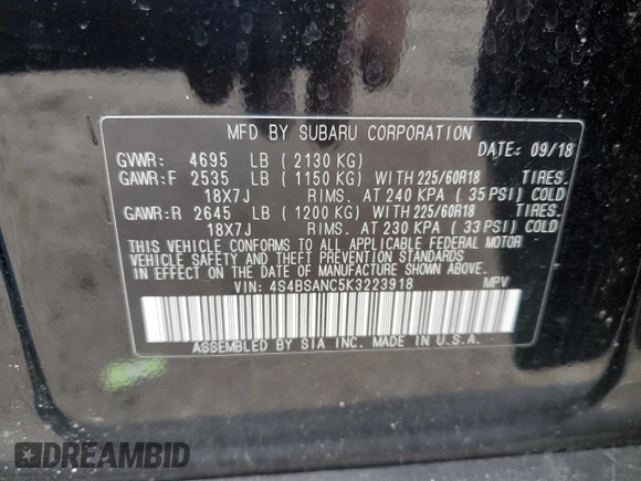 2019 Subaru Outback Limited with VIN 4S4BSANC5K3223918, listed as a Copart auction lot 52393205 with 71,489 mi miles and Salvage Title. Bid and sale history available at DreamBid. Image 13.