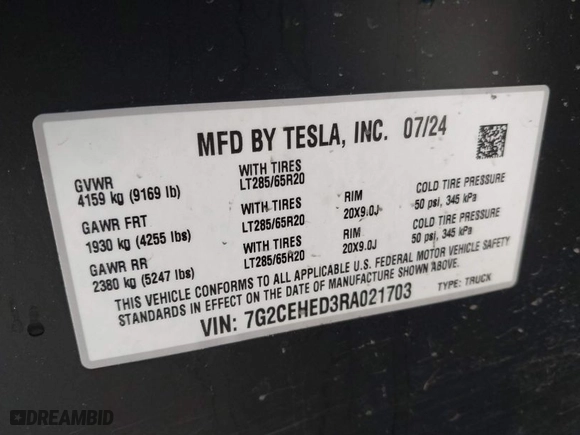 2024 Tesla Cybertruck with VIN 7G2CEHED3RA021703, listed as a IAAI auction lot 41392666 with 7,244 mi miles. Bid and sale history available at carsss.com. Image 9.