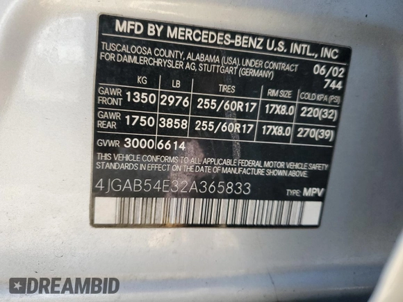 2002 Mercedes-Benz M-Class with VIN 4JGAB54E32A365833, listed as a Copart auction lot 76158434 with 175,244 mi miles and Salvage Title. Bid and sale history available at carsss.com. Image 13.