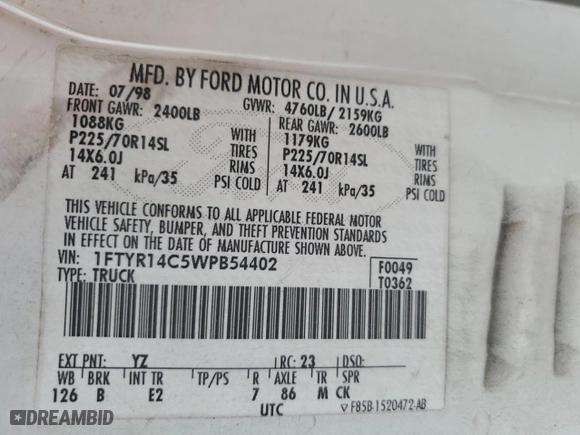 1998 Ford Ranger XL with VIN 1FTYR14C5WPB54402, listed as a Copart auction lot 44180455 with 162,832 mi miles and Salvage Title. Bid and sale history available at carsss.com. Image 12.