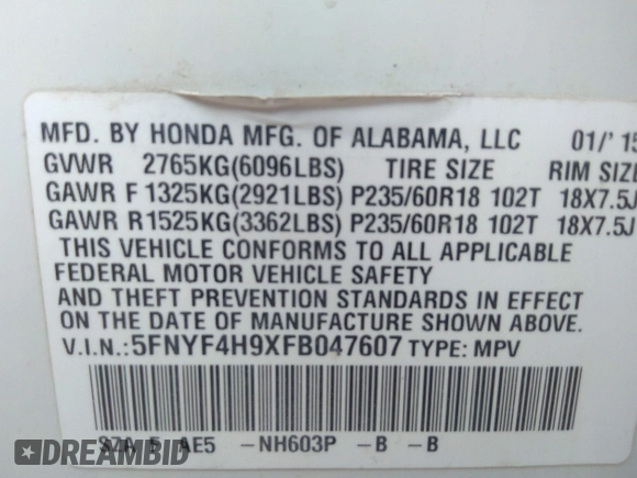 2015 Honda Pilot Touring with VIN 5FNYF4H9XFB047607, listed as a IAAI auction lot 41781534 with 157,252 mi miles. Bid and sale history available at carsss.com. Image 9.