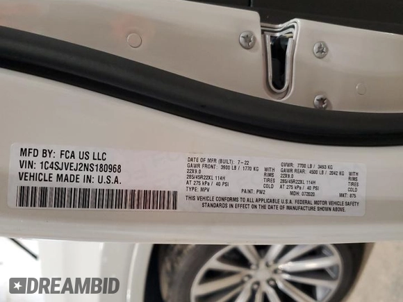 2022 Jeep Grand Wagoneer Series I with VIN 1C4SJVEJ2NS180968, listed as a Copart auction lot 61053895 with 14,741 mi miles and Salvage title. Bid and sale history available at DreamBid. Image 13.
