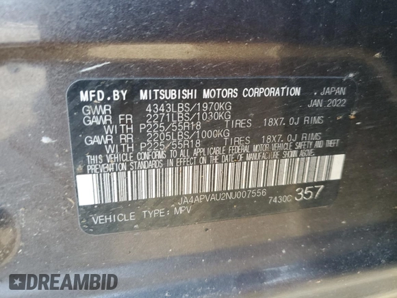 2022 Mitsubishi Outlander SE with VIN JA4APVAU2NU007556, listed as a Copart auction lot 88945175 with 108,511 mi miles and Salvage title. Bid and sale history available at DreamBid. Image 13.