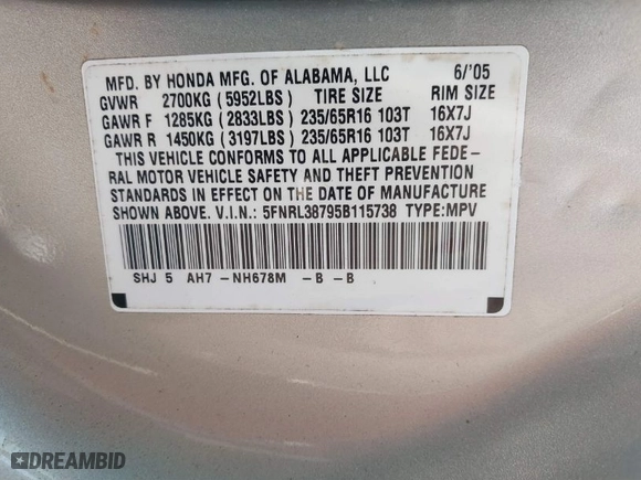 2005 Honda Odyssey EX-L with VIN 5FNRL38795B115738, listed as a IAAI auction lot 41789669 with 292,926 mi miles. Bid and sale history available at carsss.com. Image 9.