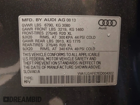 2014 Audi Q7 3.0T Premium Plus with VIN WA1LGAFE7ED004302, listed as a IAAI auction lot 41793547 with 157,351 mi miles. Bid and sale history available at carsss.com. Image 9.