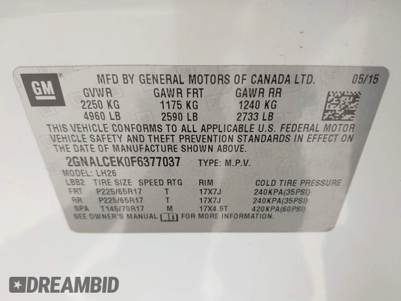 2015 Chevrolet Equinox LT with VIN 2GNALCEK0F6377037, listed as a IAAI auction lot 42142753 with 109,009 mi miles. Bid and sale history available at carsss.com. Image 9.