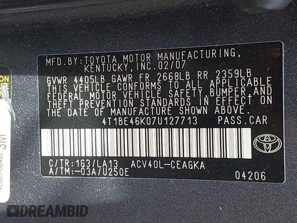 2007 Toyota Camry CE with VIN 4T1BE46K07U127713, listed as a IAAI auction lot 42218369 with 280,048 mi miles and . Bid and sale history available at DreamBid. Image 9.