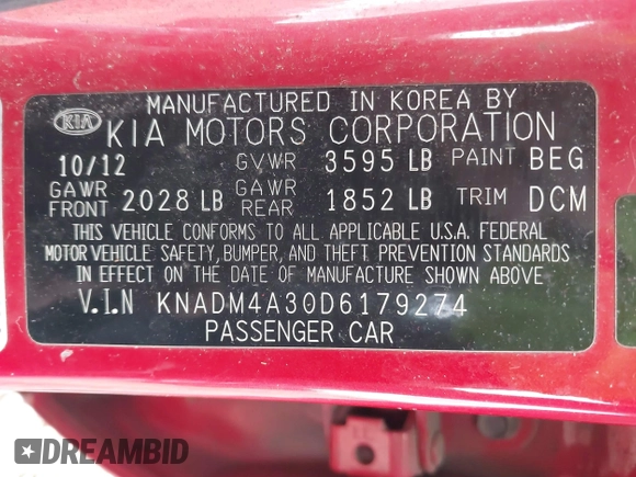 2013 Kia Rio LX with VIN KNADM4A30D6179274, listed as a IAAI auction lot 42014845 with 115,238 mi miles. Bid and sale history available at carsss.com. Image 9.