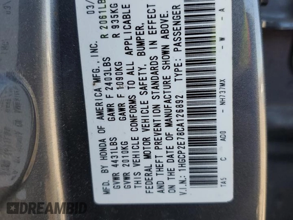 2012 Honda Accord EX with VIN 1HGCP2E78CA126892, listed as a Copart auction lot 77391944 with 180,176 mi miles and Salvage title. Bid and sale history available at DreamBid. Image 13.