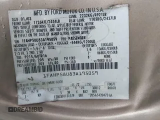 2003 Ford Taurus SE with VIN 1FAHP58U83A195059, listed as a IAAI auction lot 41931098 with 211,096 mi miles and . Bid and sale history available at carsss.com. Image 9.