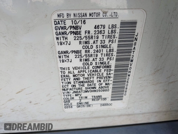 2017 Nissan Rogue S with VIN JN8AT2MV0HW250980, listed as a IAAI auction lot 41744467 with 177,319 mi miles and . Bid and sale history available at DreamBid. Image 9.
