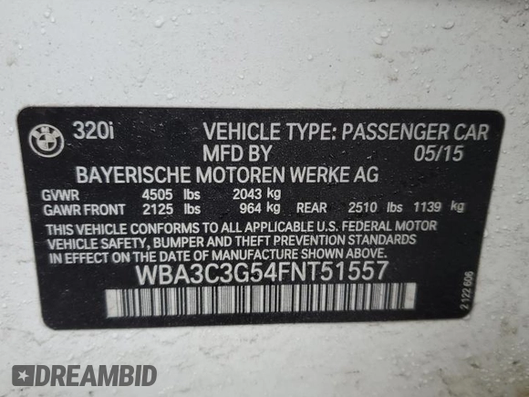 2015 BMW 3 Series 320i xDrive with VIN WBA3C3G54FNT51557, listed as a Copart auction lot 46871055 with 91,896 mi miles and Clean Title. Bid and sale history available at carsss.com. Image 14.