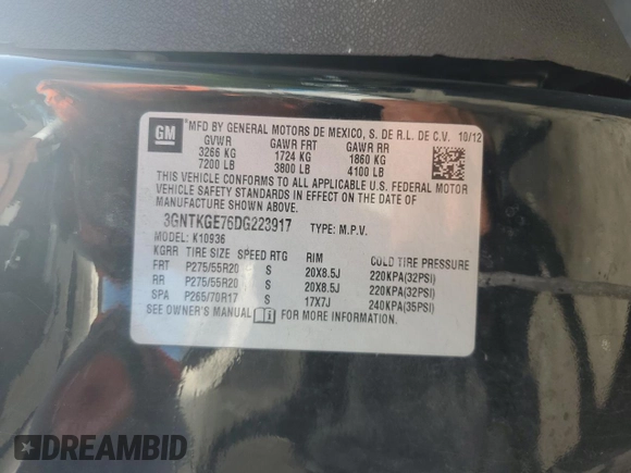 2013 Chevrolet Avalanche LTZ with VIN 3GNTKGE76DG223917, listed as a Copart auction lot 54207885 with 134,269 mi miles and Salvage title. Bid and sale history available at DreamBid. Image 12.