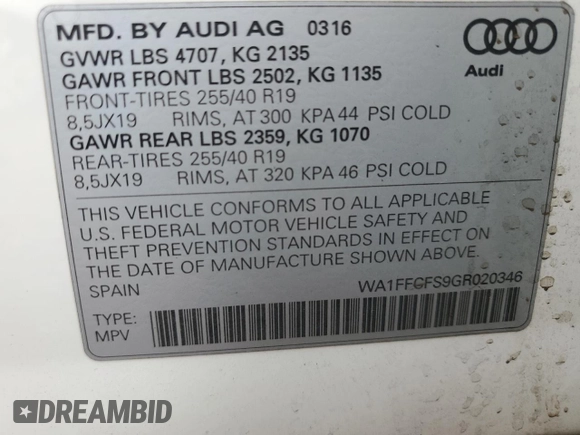 2016 Audi Q3 Prestige with VIN WA1FFCFS9GR020346, listed as a Copart auction lot 39952494 with 50,032 mi miles and . Bid and sale history available at DreamBid. Image 13.
