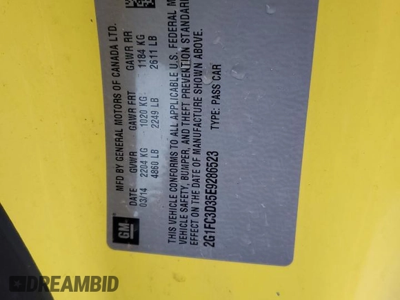 2014 Chevrolet Camaro LT z VIN 2G1FC3D35E9286523, wystawiony jako Copart lot #45289725 z przebiegiem 194 337 mil mil oraz Szkoda całkowita • Salvage title. Historia ofert i sprzedaży dostępna na DreamBid. Obrazek 14.