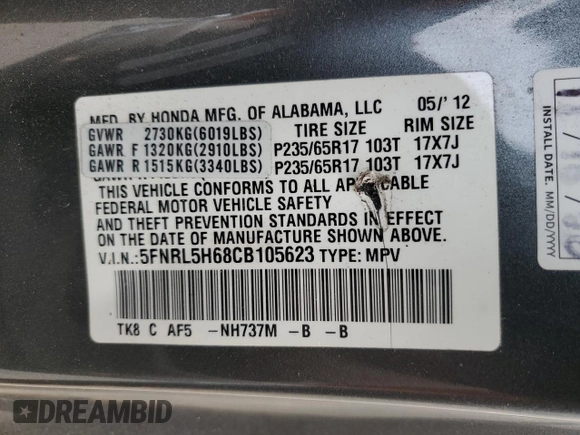 2012 Honda Odyssey EX-L with VIN 5FNRL5H68CB105623, listed as a Copart auction lot 55166905 with 147,417 mi miles and Salvage Title. Bid and sale history available at carsss.com. Image 13.